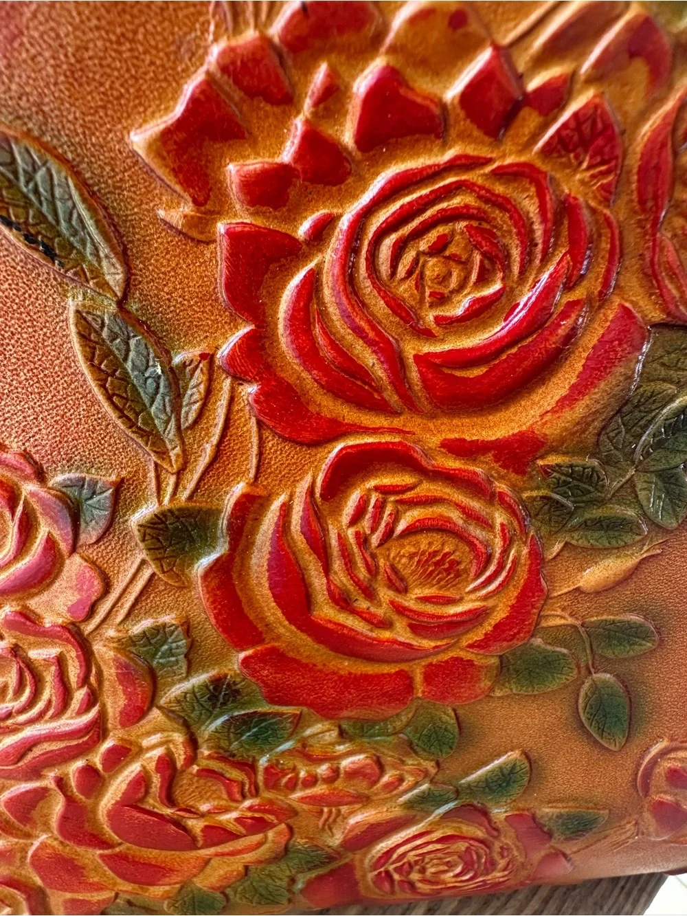 Women's Orangey brown Floral Embossed Leather Satchel